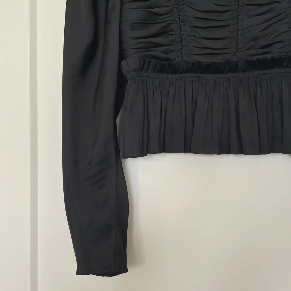 Ulla Johnson Mia Blouse Sz 0 Black Plisse Satin Bustier Puff Sleeve Pleated Sexy